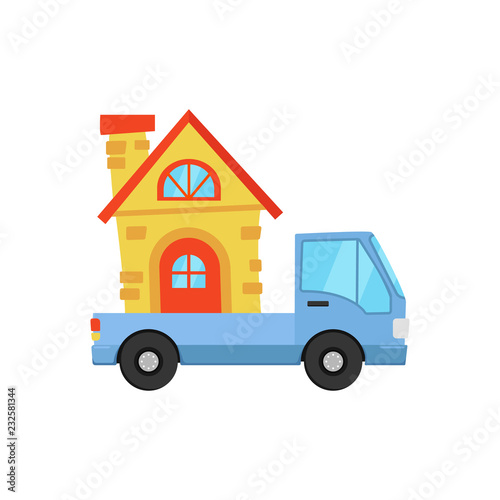 Moving house with pick up car cartoon vector illustration