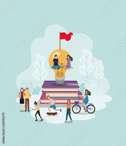 group of people with light bulb and books
