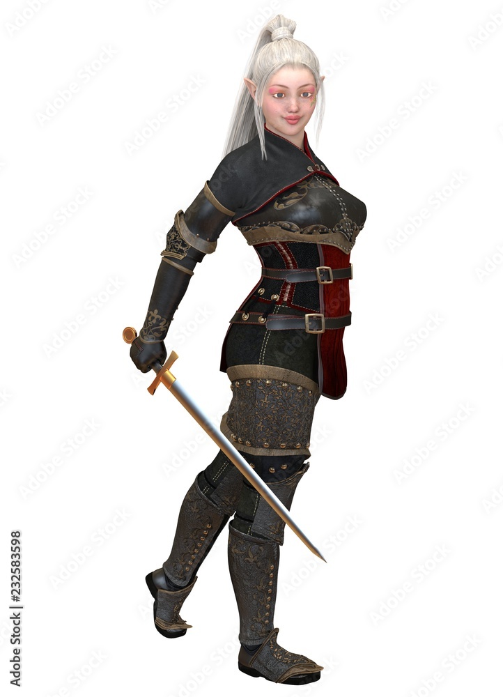 Woman elf warrior with sword isolated on white background 3D illustration