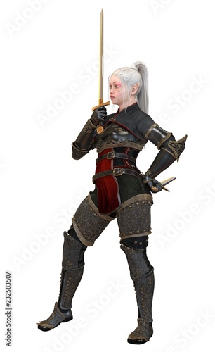 Woman elf warrior with swords isolated on white background 3D illustration