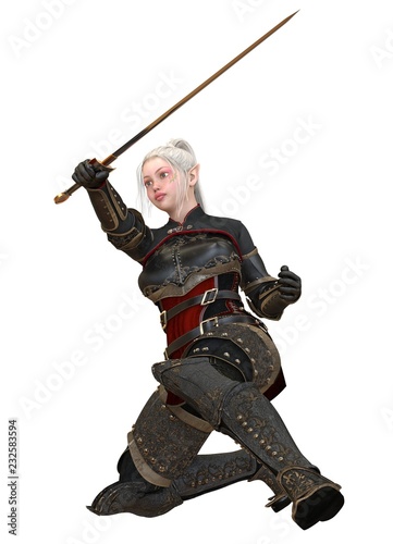 Woman elf warrior with sword isolated on white background 3D illustration