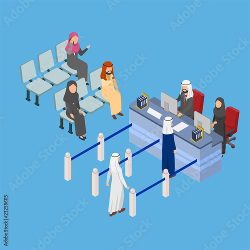 Set illustration arabian people queue at the bank teller to make transactions, Isometric 3D flat vector