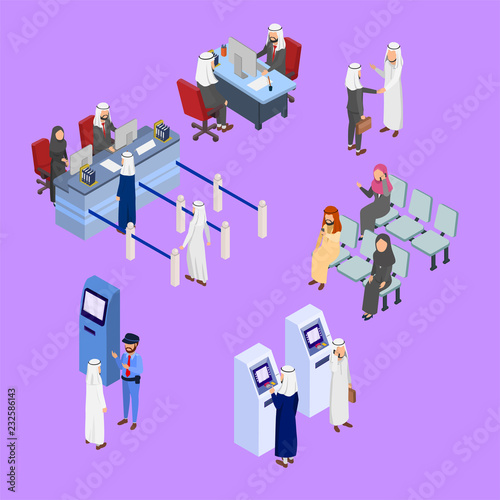 Set Illustration Situation of Arabian Bank Isometric Flat 3D Vector