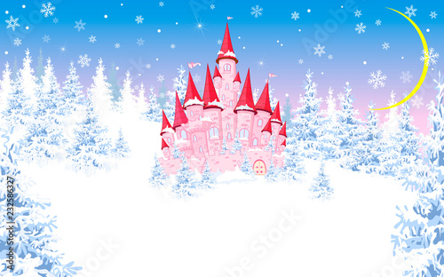 Pink castle on the background of the winter forest 1