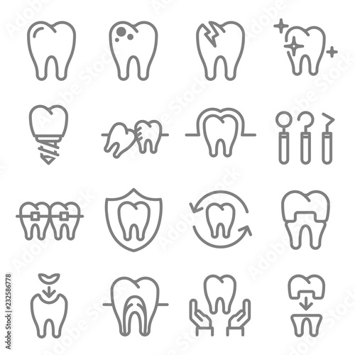 Dental Instrument Vector Line Icon Set. Contains such Icons as Tooth, Ingrown, Implant, Protect, Nerve, Orthodontic and more.