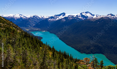 Scenic landscape view of Cheakamus Lake viewed from Whistler Mountain in the summer months
