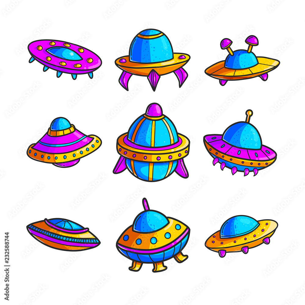 Cartoon flying saucers hand drawn color illustrations set Stock Vector ...