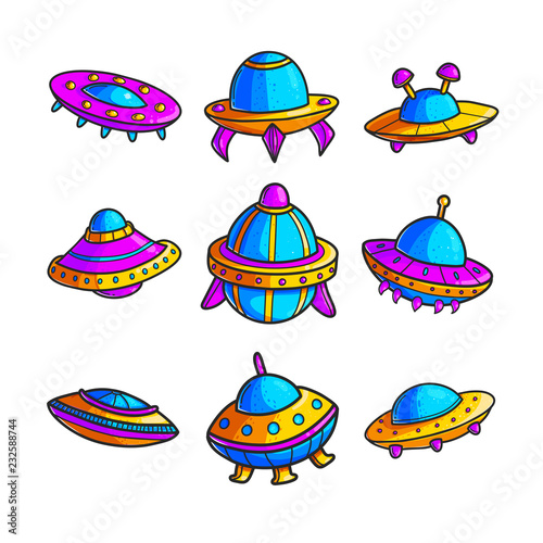 Cartoon flying saucers hand drawn color illustrations set