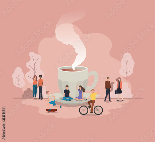 cup of coffee with light bulb and mini people