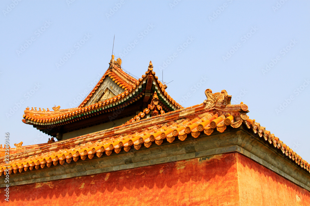 Red glazed tile eaves and wall Red glazed tile eaves and wall