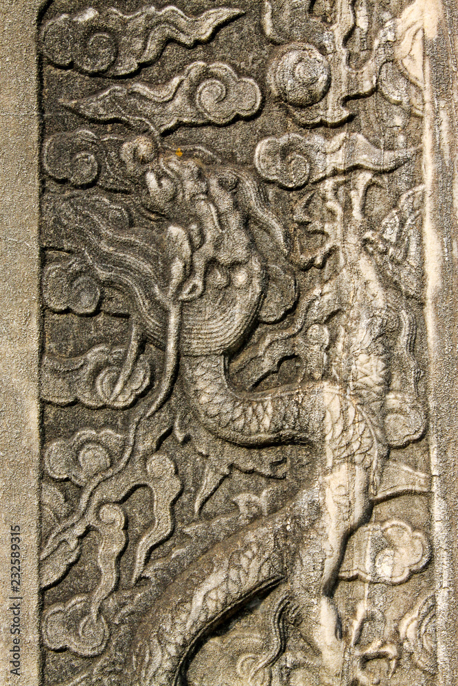 ancient Chinese traditional style dragon carving, Eastern Tombs of the Qing Dynasty, China..