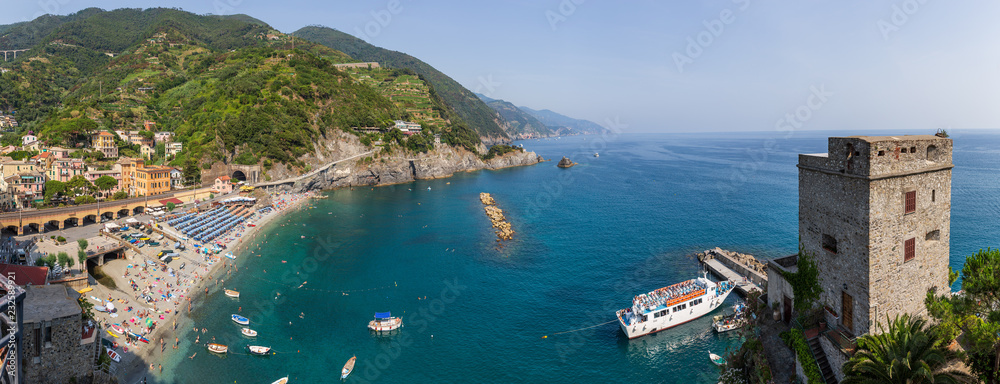 \Panoramic view of the beach and ferry stop at Monterosso al Mare, Liguria, Italy