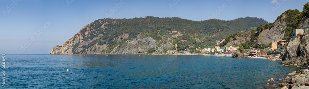 Panoramic view of the harbour at Monterosso al Mare on hte Ligurian coast, Italy