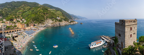 Fototapeta Naklejka Na Ścianę i Meble -  \Panoramic view of the beach and ferry stop at Monterosso al Mare, Liguria, Italy