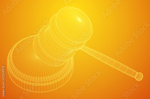 Gavel, hammer of judge or auctioneer. Wireframe low poly mesh vector illustration