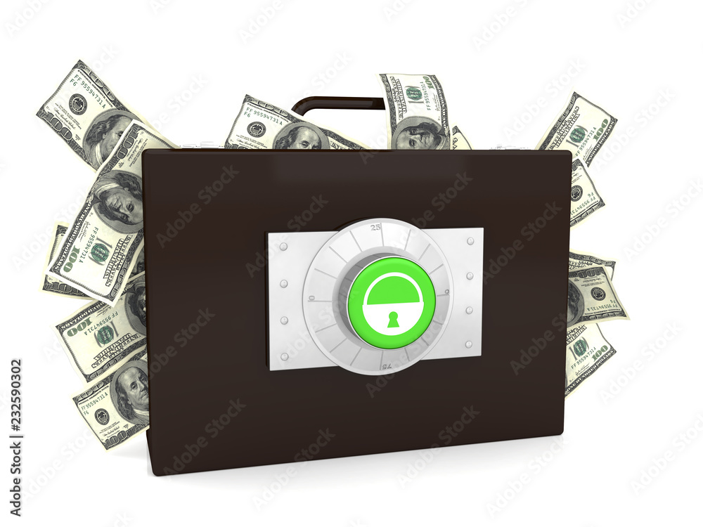 Suitcase full of dollar on white background
