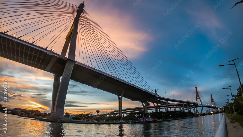 Sunset at Bhumibol Bridge over Chaopraya River in Bangkok Thailand