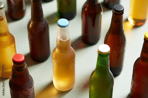 Lager beer in glass bottle amongst other beer bottles on table.