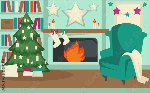 Christmas winter holidays, furniture and interior of rooms vector.