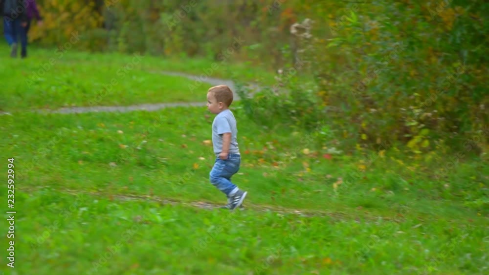 a little boy runs through the Park a little boy runs through the Park