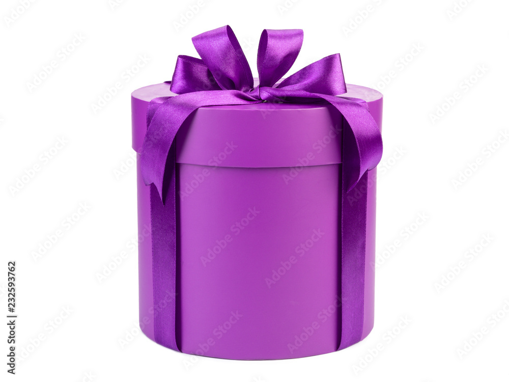 round purple gift box with bow isolated on white background