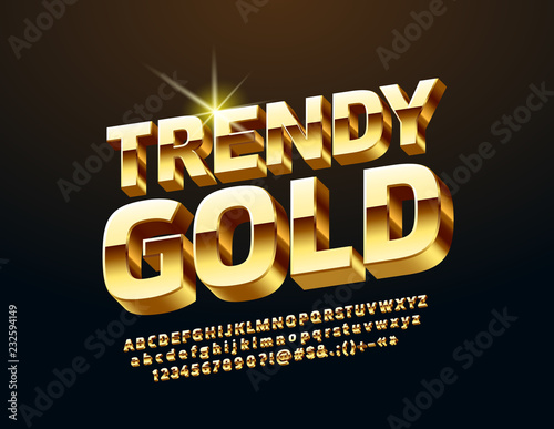 Vector chic 3D Alphabet. Golden rotated Alphabet Letters, Numbers and Symbols.