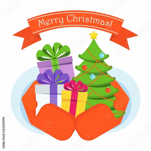 Hands of Santa Claus with a handful of gifts. Boxes with presents, Christmas tree with balls, garlands. Celebration of Merry Christmas and New Year. Greeting card. Vector flat cartoon illustration.