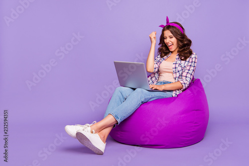 Full size portrait of lady in checkered shirt denim jeans her br