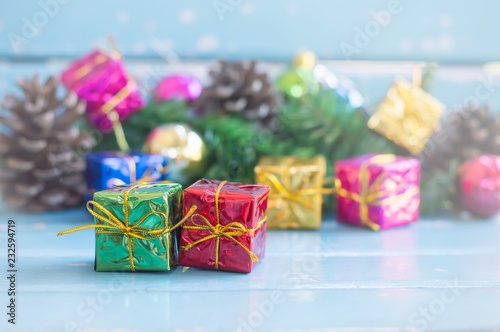 Close up of red and green gift box for Christmas or New Year decoration background