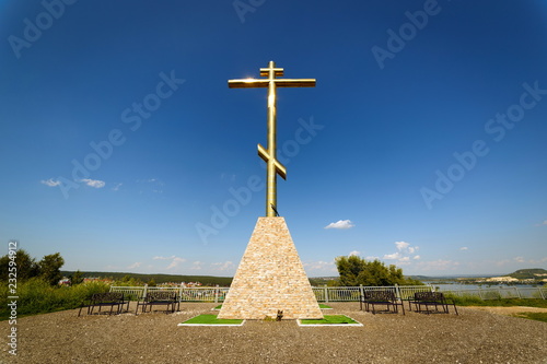 Poklonnaya cross standing on Tsaryov Kurgan, Russia. photo