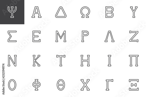 Greek alphabet symbols outline icons set. linear style symbols collection, line signs pack. vector graphics. Set includes icons as Psi letter, Alpha, Delta, Omega, Beta, Sigma, Epsilon, Mu, Lambda Nu