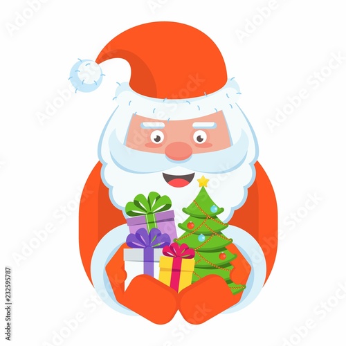Santa Claus with a handful of gifts. Boxes with presents, Christmas tree with balls, garlands. Celebration of Merry Christmas and New Year. Greeting card. Vector flat cartoon illustration.