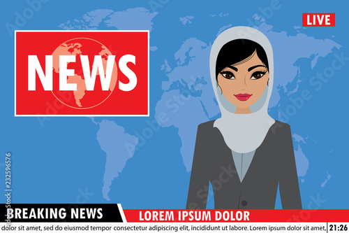 Arabic female news anchor on tv breaking news background,