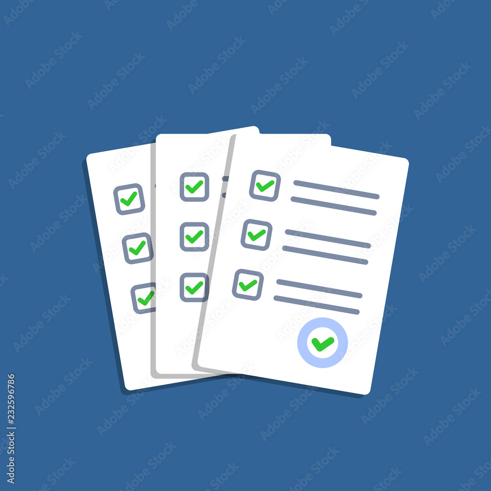 Paper checklist isolated. Stack of paperwork icon. Pile of documents. Exam form. Stack of white papers. Vector illustration in flat design. Paper checklist isolated. Stack of paperwork icon. Pile of documents. Exam form. Stack of white papers. Vector illustration in flat design.