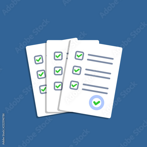 Paper checklist isolated. Stack of paperwork icon. Pile of documents. Exam form. Stack of white papers. Vector illustration in flat design.