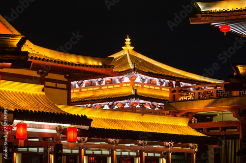 XiAn，China.ancient architecture with red lanterns at night，close-up