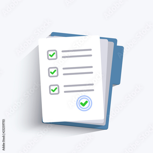 Paper checklist isolated. Stack of paperwork icon. Pile of documents. Exam form. Folder and stack of white papers. Vector illustration in flat design. photo