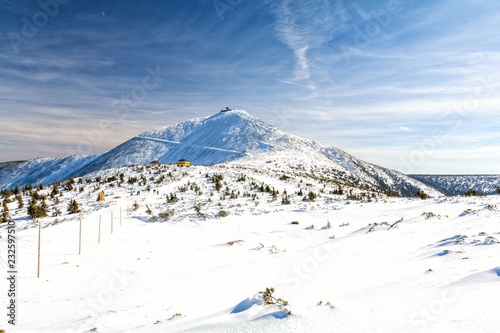 Fototapeta Naklejka Na Ścianę i Meble -  The peak of the Snezka Mountain in the Krkonose Mountains during winter. Poland.