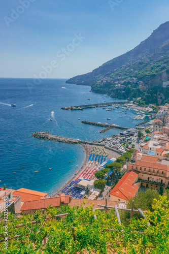Beaches and houses of the town of Amalfi by the Amalfi Coast, in southern Italy