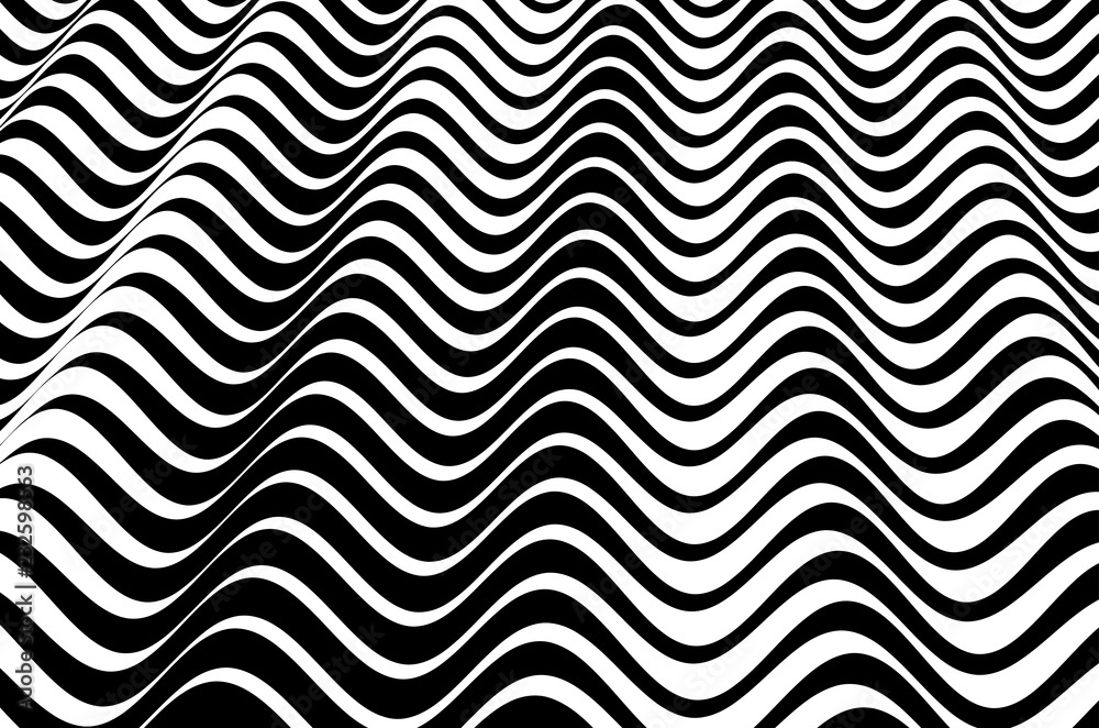 3D wavy background. Dynamic effect. Black and white design. Pattern with optical illusion. Vector illustration. 3D wavy background. Dynamic effect. Black and white design. Pattern with optical illusion. Vector illustration.