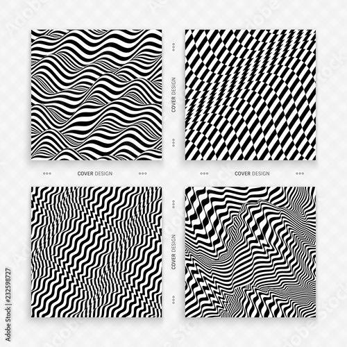 Cover design template. Black and white design. Pattern with optical illusion. Abstract 3D geometrical background. Vector illustration.
