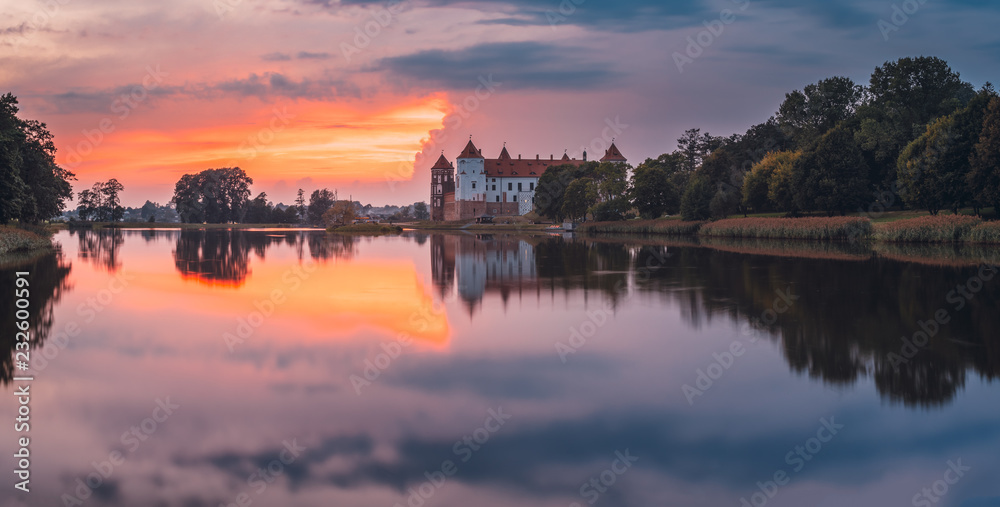 Mir, Belarus. Scenic View Of Castle Complex Mir During Sunset. O