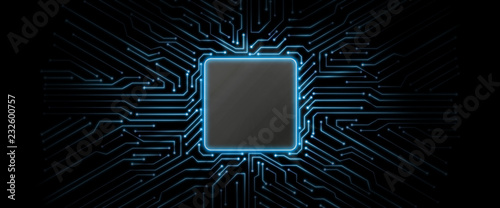 Abstract blue glowing circuit board background with copy space at center for your text, logo or products. Perfect for Artificial Intelligence, Technology, Crypto Currency concept.