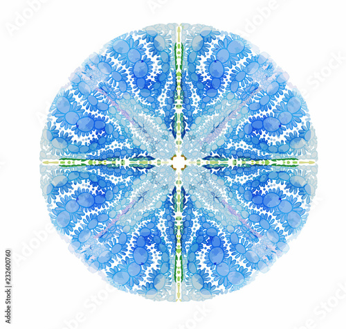Blue vector mandala with abstract pebbles or bacteria pattern. Vintage round sea element on white