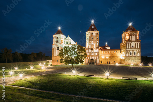 Mir, Belarus. Mir Castle Complex In Evening Illumination Lightin