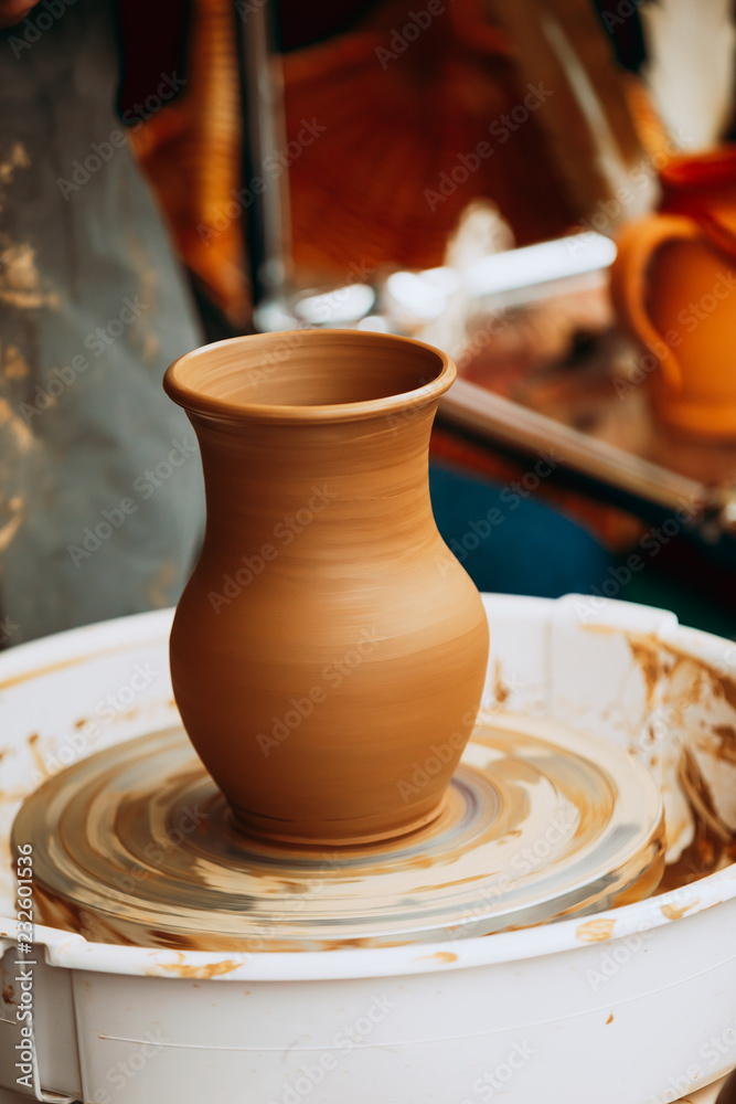 Pottery Craft Wheel And Ceramic Clay Pot. Traditional New Handma Pottery Craft Wheel And Ceramic Clay Pot. Traditional New Handma