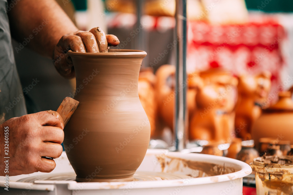 Pottery Craft Wheel Ceramic Clay Potter Human Hand. Process Of C Pottery Craft Wheel Ceramic Clay Potter Human Hand. Process Of C
