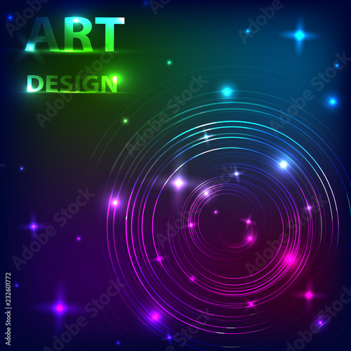 The effect of the magical shine of glowing neon rings on a dark background. Music design. Vector illustration.