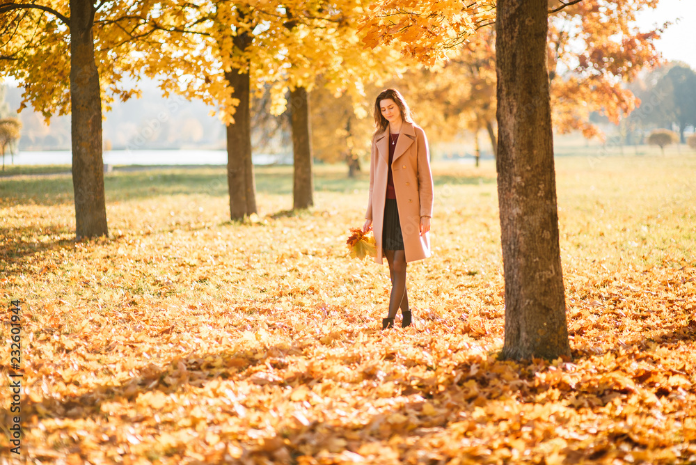 Season and people concept - beautiful happy young woman having fun with leaves in autumn park. Girl walking, resting outdoors Season and people concept - beautiful happy young woman having fun with leaves in autumn park. Girl walking, resting outdoors