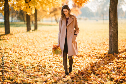 Season and people concept - beautiful happy young woman having fun with leaves in autumn park. Girl walking, resting outdoors